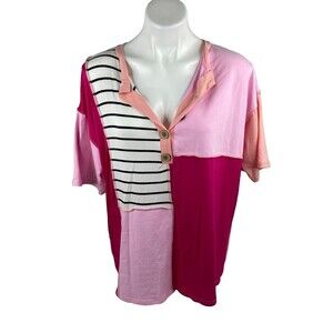 Bibi Women Medium Pullover Blouse Color Block Pink V Neck Button Casual NWT